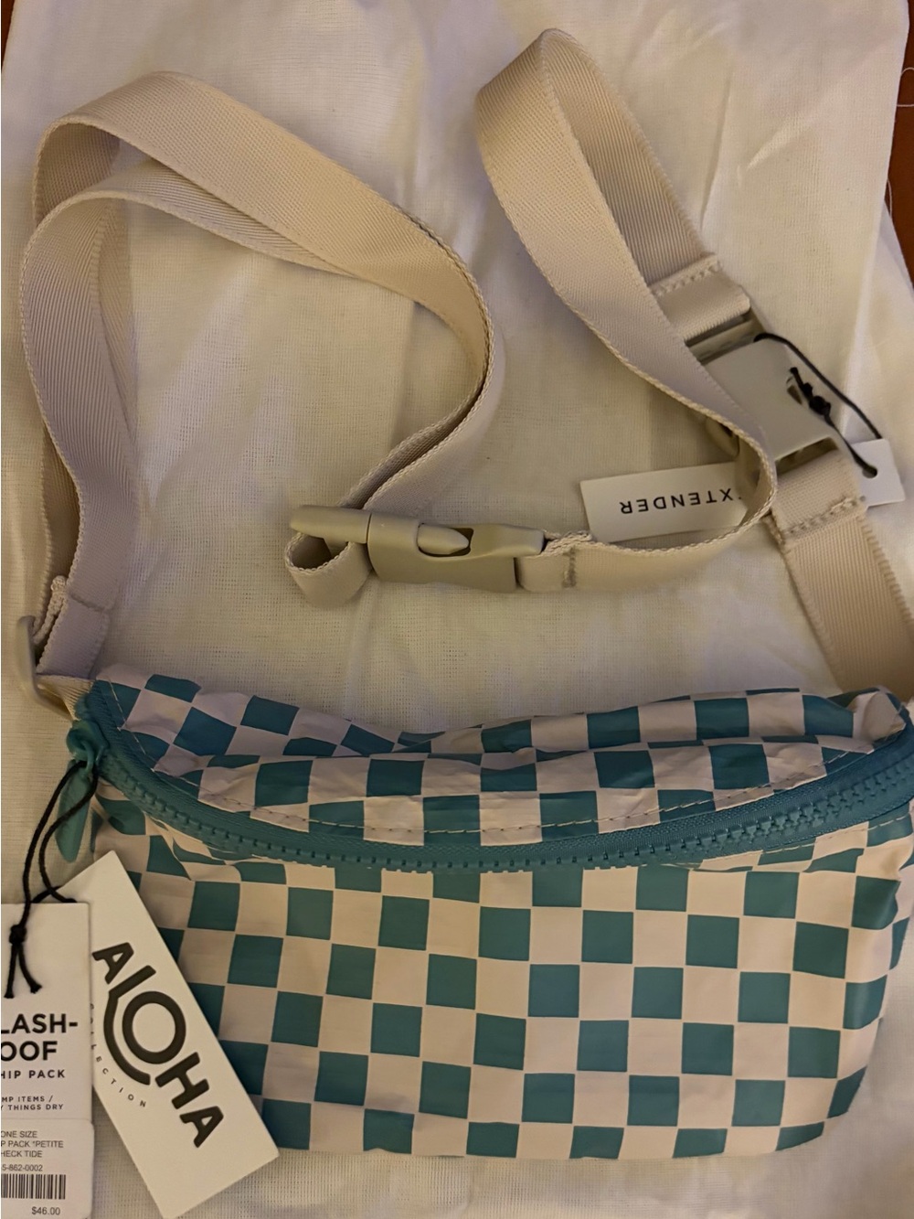 ALOHAS Teal / Cream Checkered Crossbody Waist Bag - Splashproof.